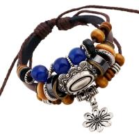 Cowhide Bracelet with Wood & Zinc Alloy with 9-10cm*2 extender chain Flower silver color plated vintage & multilayer & Unisex & adjustable mixed colors 6mm Length Approx 17 cm Sold By PC