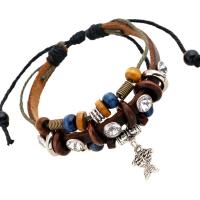 Cowhide Bracelet with Linen & Wood & Zinc Alloy with 9-10cmX2 extender chain Fish silver color plated vintage & multilayer & Unisex & adjustable mixed colors 6mm Length Approx 17 cm Sold By PC