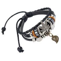 Cowhide Bracelet with Wood & Zinc Alloy with 8cmX2 extender chain Maple Leaf plated vintage & multilayer & Unisex & adjustable black Inner Approx 60mm Length Approx 17 cm Sold By PC