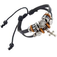 Cowhide Bracelet, with Wood & Tibetan Style, with 8cmX2 extender chain, Cross, silver color plated, vintage & multilayer & Unisex & adjustable, black, Inner Diameter:Approx 60mm, Length:Approx 17 cm, Sold By PC