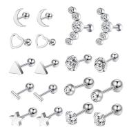Stainless Steel Ear Piercing Jewelry, 304 Stainless Steel, polished, fashion jewelry & Unisex & micro pave cubic zirconia, silver color, 1.20x6x3mm, 18PCs/Set, Sold By Set