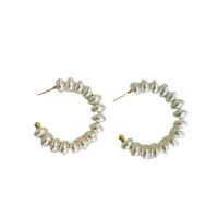 Tibetan Style Stud Earring, Plastic Pearl, with Tibetan Style, Donut, gold color plated, fashion jewelry & for woman, white, 45mm, Sold By Pair