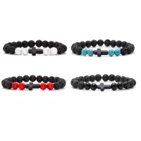 Gemstone Bracelets Lava with Glass Beads & Turquoise Cross handmade elastic & Unisex 8mm Length 7.5 Inch Sold By PC