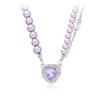 Пластиковый жемчужное ожерелье, Пластиковая жемчужина, с титан & Кристаллы, Сердце, полированный, ювелирные изделия моды & регулируемый & Женский & со стразами, фиолетовый, длина:Приблизительно 49 см, продается PC