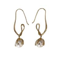 Boucles d'oreilles pendantes en laiton, avec perle de plastique, Placage de couleur d'or, bijoux de mode & pour femme, doré, protéger l'environnement, sans nickel, plomb et cadmium, 65mm, Vendu par paire