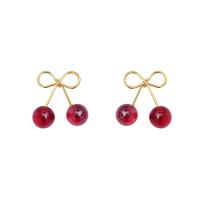 Brass Stud Earring, with Resin, Cherry, 14K gold plated, fashion jewelry & for woman, 14x15mm, Sold By PC