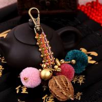 Bag Purse Charms Keyrings Keychains Brass with Bodhi Wood Beads & Plush & Wax Cord handmade Bohemian style & for woman nickel lead & cadmium free 140mm Sold By PC