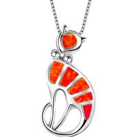 Zinc Alloy Jewelry Necklace with Opal Cat silver color plated for woman nickel lead & cadmium free Length Approx 45 cm Sold By PC