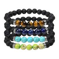Gemstone Bracelets, Lava, with Gemstone & Tibetan Style, Round, silver color plated, elastic & different materials for choice & Unisex, more colors for choice, 8mm, Length:7.5 Inch, Sold By PC
