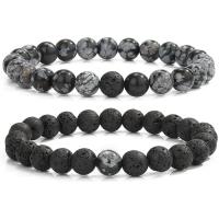 Gemstone Bracelets Snowflake Obsidian with Lava Round elastic & Unisex 8mm Length 7.5 Inch Sold By PC