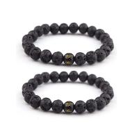 Gemstone Bracelets, Lava, with Glass Beads, Round, handmade, elastic & Unisex, black, 8mm, Length:7.5 Inch, Sold By PC