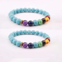Gemstone Bracelets Turquoise with Gemstone & Zinc Alloy Round gold color plated elastic & Unisex mixed colors 8mm Length 7.5 Inch Sold By PC