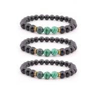 Gemstone Bracelets, Black Stone, with Malachite & Tibetan Style, Round, gold color plated, elastic & Unisex, mixed colors, 8mm, Length:7.5 Inch, Sold By PC