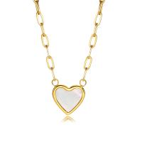 Stainless Steel Jewelry Necklace, 304 Stainless Steel, with White Shell, with 1.97inch extender chain, Heart, fashion jewelry & for woman, golden, 14mm, Length:Approx 16.54 Inch, Sold By PC