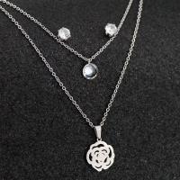 Fashion Stainless Steel Jewelry Sets Stud Earring & necklace 304 Stainless Steel Rose 2 pieces & Double Layer & micro pave cubic zirconia & for woman original color 15mm 6mm Length Approx 18.9 Inch Approx 17.32 Inch Sold By Set