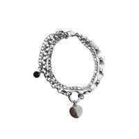 Bracelet d'acier titane, avec Oeil de chat, avec 5cm chaînes de rallonge, coeur, Double couche & bijoux de mode & réglable & pour femme, argent, Longueur:16 cm, Vendu par PC