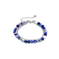 Agate smykker armbånd, Titanium Stål, med Agate, med 5cm extender kæde, Runde, poleret, Dobbelt lag & mode smykker & justerbar & for kvinde, blå, Længde 15 cm, Solgt af PC