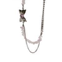 Titanium Steel Necklace, with Gemstone & Tibetan Style, with 6cm extender chain, Bowknot, silver color plated, fashion jewelry & adjustable & for woman, pink, Length:14.5 cm, 42 cm, Sold By PC