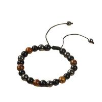 Gemstone Bracelets, Tiger Eye, with Polyester Cord & Non Magnetic Hematite, Round, Unisex & adjustable & different size for choice, mixed colors, Length:7.5 Inch, Sold By PC