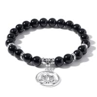 Obsidian Bracelet, with Tibetan Style, Round, silver color plated, elastic & Unisex, black, Length:7.5 Inch, Sold By PC