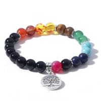 Gemstone Bracelets, with Tibetan Style, Tree, silver color plated, elastic & for man, mixed colors, Length:7.5 Inch, Sold By PC