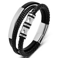 Bracelets cordon PU, cuir PU, avec acier inoxydable 316L, poli, trois couches & Vintage & longueur différente pour le choix & pour homme, noire, Vendu par PC