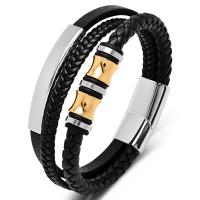 PU Leather Cord Bracelets, with 316L Stainless Steel, Vacuum Ion Plating, three layers & vintage & different length for choice & for man, more colors for choice, Sold By PC