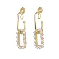 Brass Drop Earring, with Plastic Pearl, Rectangle, real gold plated, fashion jewelry & different styles for choice & micro pave cubic zirconia & for woman, golden, nickel, lead & cadmium free, 16x45mm, Sold By Pair