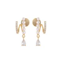 Cubic Zirconia Micro Pave Brass Earring, with Plastic Pearl, Teardrop, real gold plated, fashion jewelry & different styles for choice & micro pave cubic zirconia & for woman, golden, nickel, lead & cadmium free, 35x20mm, Sold By Pair