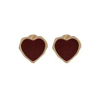 Brass Stud Earring, Heart, real gold plated, fashion jewelry & different styles for choice & for woman & enamel, red, nickel, lead & cadmium free, 15x15mm, Sold By Pair