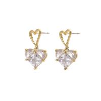 Cubic Zirconia Micro Pave Brass Earring, Heart, real gold plated, fashion jewelry & different styles for choice & micro pave cubic zirconia & for woman, golden, nickel, lead & cadmium free, 11x22mm, Sold By Pair