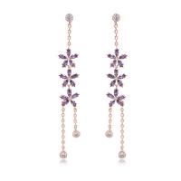 Cubic Zirconia Micro Pave Brass Earring, Flower, rose gold color plated, fashion jewelry & different styles for choice & micro pave cubic zirconia & for woman, purple, nickel, lead & cadmium free, 9x68mm, Sold By Pair