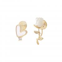 Asymmetric Earrings, Brass, with White Shell & Resin, Rose, real gold plated, fashion jewelry & different styles for choice & micro pave cubic zirconia & for woman, golden, nickel, lead & cadmium free, 9x20mm,11x12mm, Sold By Pair