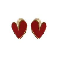 Brass Stud Earring, Heart, real gold plated, fashion jewelry & different styles for choice & for woman & enamel, red, nickel, lead & cadmium free, 17x19mm, Sold By Pair