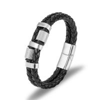 PU Leather Cord Bracelets Titanium Steel with PU Leather Vacuum Ion Plating Double Layer & for man 210mm Sold By PC