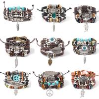 Cowhide Bracelet, with PU Leather & Wood & Tibetan Style, multilayer & Unisex, more colors for choice, Length:Approx 7 Inch, Sold By PC
