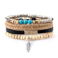 Cowhide Bracelet with turquoise & Linen & Wood & Zinc Alloy vintage & multilayer & Unisex Length Approx 6.7 Inch Sold By PC