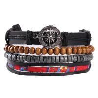 Cowhide Bracelet with Wood & Zinc Alloy Compass multilayer & Unisex Length Approx 5.5-6.7 Inch Sold By PC