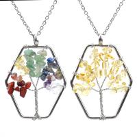 Tree Of Life Necklace Natural Stone with Brass & Zinc Alloy Hexagon silver color plated & for woman nickel lead & cadmium free Length Approx 53 cm Sold By PC