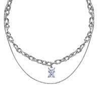 Titanstahl Halskette, mit Verlängerungskettchen von 5cm, Rechteck, poliert, Doppelschicht & Modeschmuck & für Frau & mit Strass, Silberfarbe, frei von Nickel, Blei & Kadmium, Länge 43 cm, 47 cm, verkauft von PC