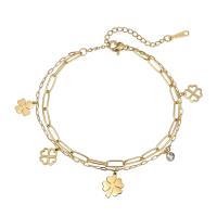 Stainless Steel Jewelry Bracelet, 316L Stainless Steel, with 1.96inch extender chain, Four Leaf Clover, 18K gold plated, Double Layer & micro pave cubic zirconia & for woman, 8mm, 10mm, 11mm, Length:Approx 6.7 Inch, Sold By PC