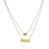 Stainless Steel Jewelry Necklace, 316L Stainless Steel, Alphabet Letter, 18K gold plated, Double Layer & micro pave cubic zirconia & for woman, 30x10mm, 12x7mm, Length:Approx 15.3 Inch, Approx 16.9 Inch, Sold By PC
