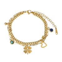 Stainless Steel Jewelry Bracelet, 316L Stainless Steel, with 1.96inch extender chain, Four Leaf Clover, 18K gold plated, Double Layer & for woman & hollow, Length:Approx 6.7 Inch, Approx 6.8 Inch, Sold By PC