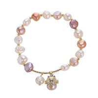 Freshwater Cultured Pearl Bracelet Freshwater Pearl with Brass Fortune Cat 14K gold plated Korean style & for woman Length Approx 7-7.5 Inch Sold By PC