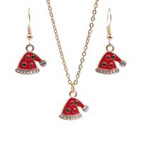 Zinc Alloy Jewelry Set earring & necklace Christmas Hat gold color plated 2 pieces & Christmas jewelry & for woman & enamel & with rhinestone red nickel lead & cadmium free Sold By Set