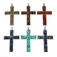 Gemstone Pendants Jewelry, Tibetan Style, with Natural Gravel, Cross, silver color plated, DIY & different materials for choice, more colors for choice, nickel, lead & cadmium free, 55x80mm, Sold By PC