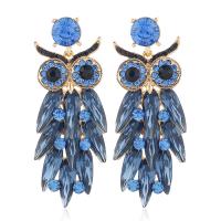 Rhinestone Earring, Tibetan Style, with Glass Rhinestone, Owl, gold color plated, fashion jewelry & for woman & with rhinestone, blue, nickel, lead & cadmium free, 25x68mm, Sold By Pair