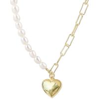Freshwater Pearl Brass Necklace with Freshwater Pearl with 1.97inch extender chain Heart gold color plated fashion jewelry & for woman golden nickel lead & cadmium free Sold Per Approx 15.75 Inch Strand