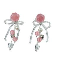 Acrylic Jewelry Earring, with Gemstone & Plastic Pearl, Bowknot, fashion jewelry & for woman, pink, 71mm, Sold By Pair