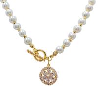 Plastic Pearl Necklace, with Brass, Flower, gold color plated, fashion jewelry & micro pave cubic zirconia & for woman, white, Length:Approx 43 cm, Sold By PC